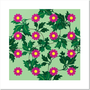 Cerise daisies with Yellow centres over layers of vine leaves on a Spearmint Green background Posters and Art